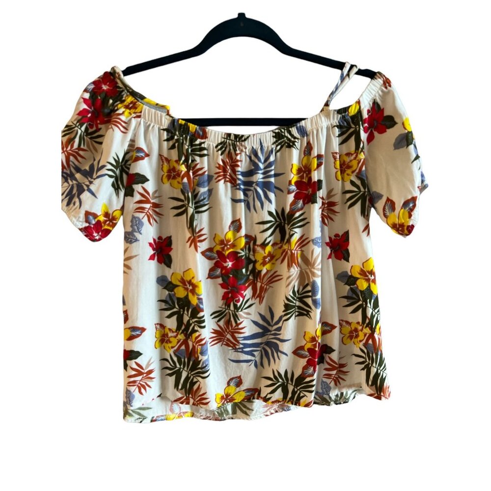 Womens Tropical Floral Off-Shoulder Blouse XL Vertiche 100% Cotton Lightweight &